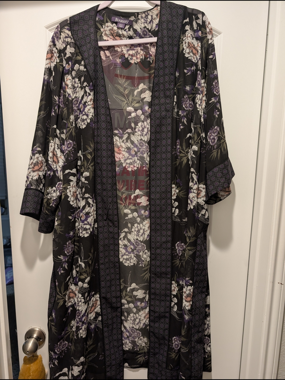 Roaman's Black Floral Open-Front Kimono